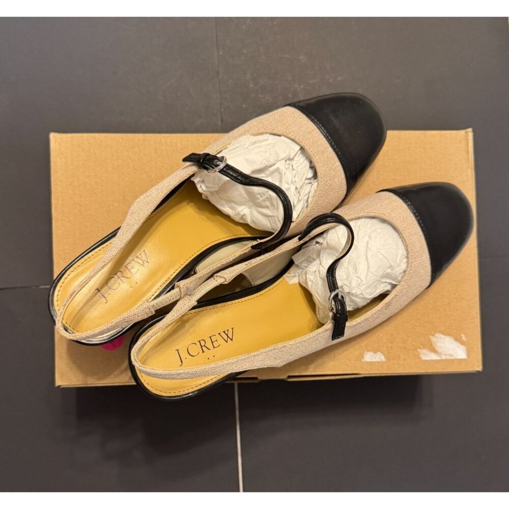 J. Crew Factory Canvas Mary Jane Slingback Heels Neutral Black US Size 8.5